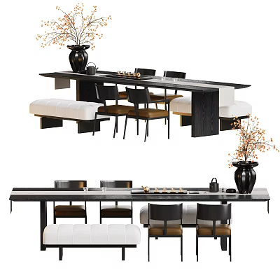 Modern Tea Table And Chairs With Tea Set Flower Vase And Cushioned Seats 3d model