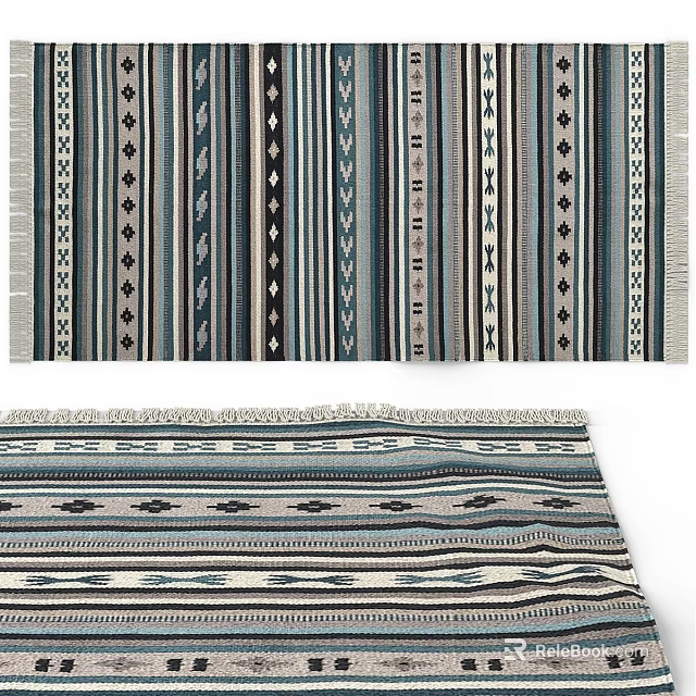 Woven Area Rug With Striped And Geometric Patterns In Blue Gray Tones For Home Decor 3d model 