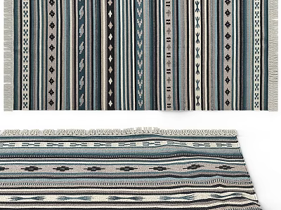 Woven Area Rug With Striped And Geometric Patterns In Blue Gray Tones For Home Decor 3d model