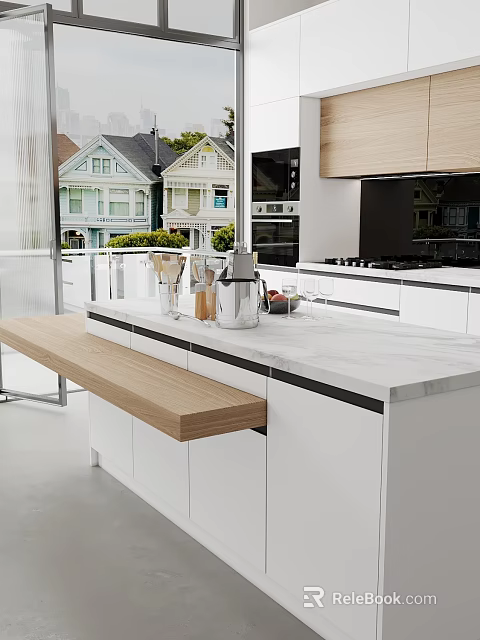 Modern Open Concept Kitchen Interior Design With Island Counter And Appliances 3d model 