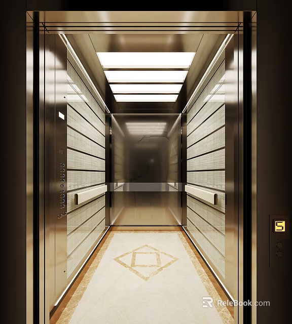 Modern Sleek Elevator Interior With Ceiling Lights And Decorative Floor 3d model 