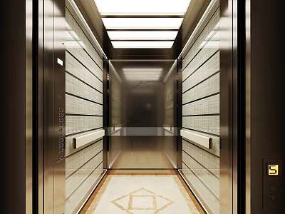 Modern Sleek Elevator Interior With Ceiling Lights And Decorative Floor 3d model