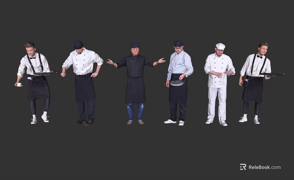 Group of Chefs in Different Uniforms Posing with Cooking Tools and Utensils 3d model 