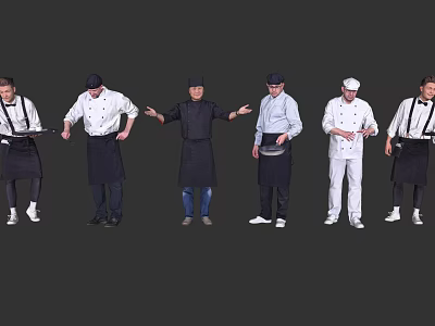 Group of Chefs in Different Uniforms Posing with Cooking Tools and Utensils 3d model