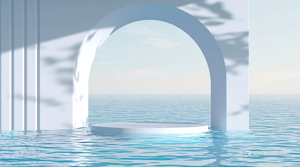 White Arch Landscape Sculpture in Water with Circular Platform Ocean Background and Light Shadow 3d model 
