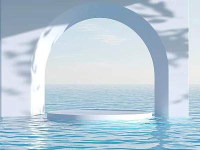 White Arch Landscape Sculpture in Water with Circular Platform Ocean Background and Light Shadow 3d model