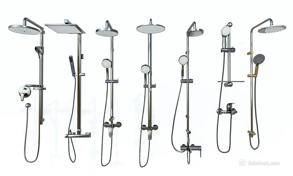 Various Bathroom Shower Accessories With Fixed Heads Handheld Sprays and Mounting Brackets 3d model