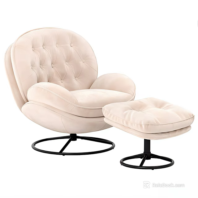 Beige Velvet Tufted Leisure Chair With Matching Ottoman And Black Metal Round Base 3d model 