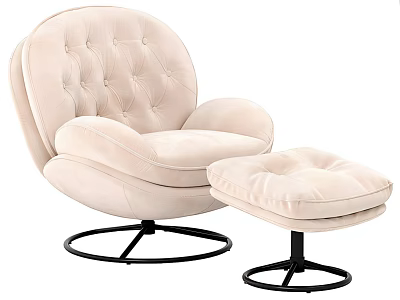 Beige Velvet Tufted Leisure Chair With Matching Ottoman And Black Metal Round Base 3d model