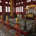 Traditional Chinese Palace Interior Featuring Golden Throne Red Decorations And Carved Pillars