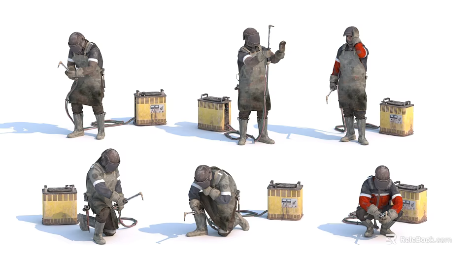 Men In Protective Suits Using Tools Near Yellow Barrels In Various Working Poses 3d model