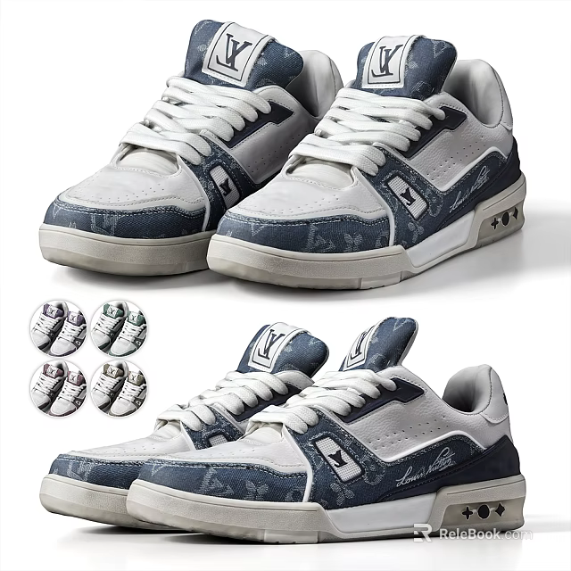 Fashionable Blue And White Casual Sneakers With Patterned Upper And Comfortable Rubber Sole 3d model 