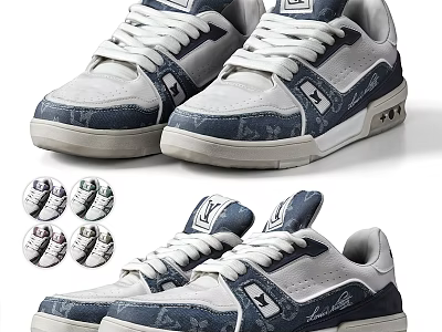 Fashionable Blue And White Casual Sneakers With Patterned Upper And Comfortable Rubber Sole 3d model