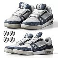 Fashionable Blue And White Casual Sneakers With Patterned Upper And Comfortable Rubber Sole
