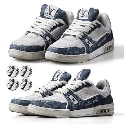 Fashionable Blue And White Casual Sneakers With Patterned Upper And Comfortable Rubber Sole 3d model