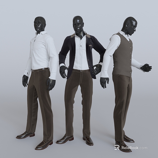 Black Male Mannequins Wearing White Shirts Dark Jackets Vests And Brown Trousers 3d model 