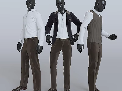 Black Male Mannequins Wearing White Shirts Dark Jackets Vests And Brown Trousers 3d model