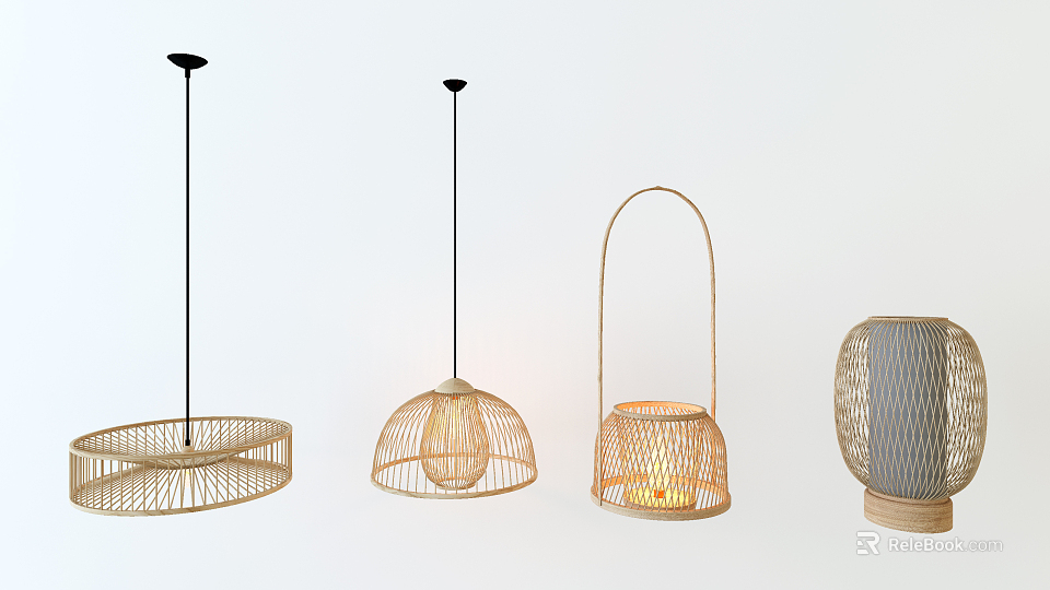 Natural Handwoven Lighting Combinations With Rattan Pendant Lights And Bamboo Hanging Lamps 3d model 