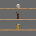 Spice Jars With Various Spices Neatly Arranged On Wooden Kitchen Shelves