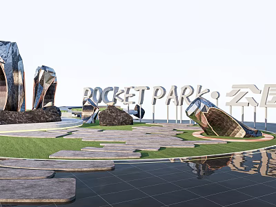 Rocket Park Landscape Design Featuring Natural Stone and Wood Pathways with Green Grass 3d model