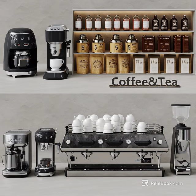 Essential Coffee Tea Kitchen Appliances With Coffee Machines Cups And Tea Accessories 3d model 