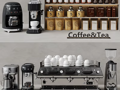 Essential Coffee Tea Kitchen Appliances With Coffee Machines Cups And Tea Accessories 3d model