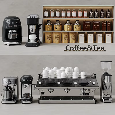 Essential Coffee Tea Kitchen Appliances With Coffee Machines Cups And Tea Accessories 3d model