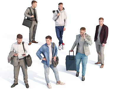 Group of Men with Various Outfits Carrying Bags Luggage Camera and Different Standing Poses 3d model
