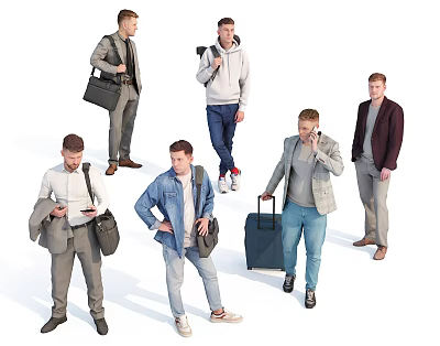 Group of Men with Various Outfits Carrying Bags Luggage Camera and Different Standing Poses 3d model