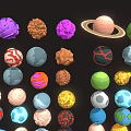 Various Colorful Planets and Celestial Models Collection with Meteoroids Different Shapes and Colors