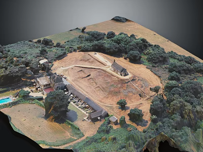 Scenic Aerial Landscape Model With Trees Buildings Pond And Rolling Terrain 3d model