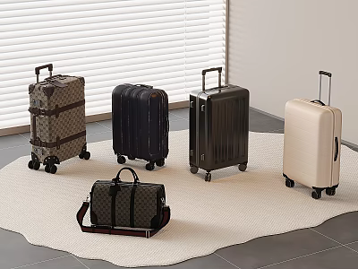 Collection of Checkered and Solid Color Travel Suitcases with Carry On Bag on Carpet 3d model