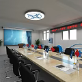 Spacious Conference Room With Long Table Flags Projection Screen And Round Ceiling Light 3d model
