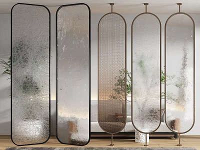 Modern Frosted Glass Room Divider With Metal Frame And Interior Decor Elements 3d model