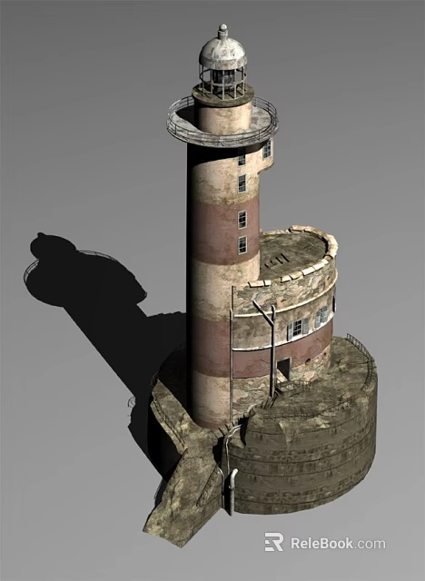 Old Rustic Lighthouse Tower With Circular Base Striped Walls And Windows 3d model 