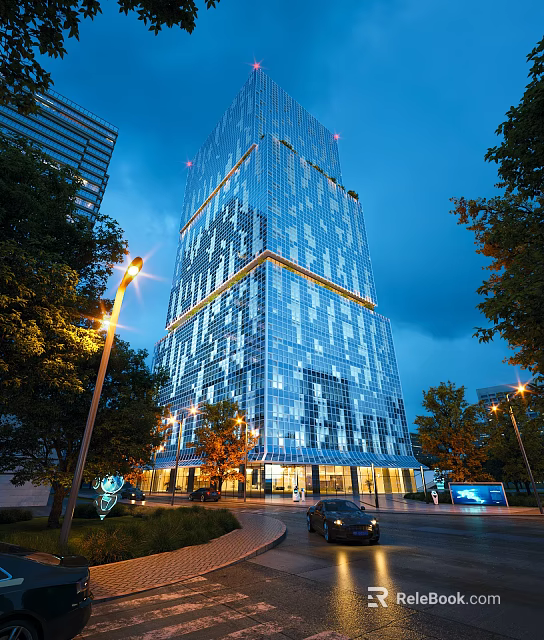 Tall Modern Office Building With Glass Curtain Wall Illuminated Evening Trees And Streetlights 3d model 