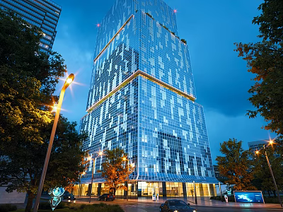 Tall Modern Office Building With Glass Curtain Wall Illuminated Evening Trees And Streetlights 3d model