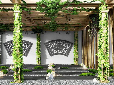 Wooden Pergola Covered With Green Vines And Decorative Fan Panels In Garden 3d model