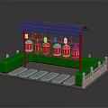 Traditional Chinese Pavilion Structure with Purple Roof Red Lanterns and Green Fence Design
