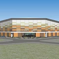 Modern Architecture Open Plaza With Colorful Exterior Walls Circular Canopies Stairs Fountain Trees And Pedestrians