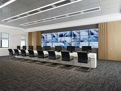 Security Monitoring Room with Large Display Wall Multiple Monitors and Black Office Chairs 3d model