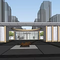 Modern Entrance Gate Design With Glass Doors Marble Columns Circular Opening And Greenery Water Pool