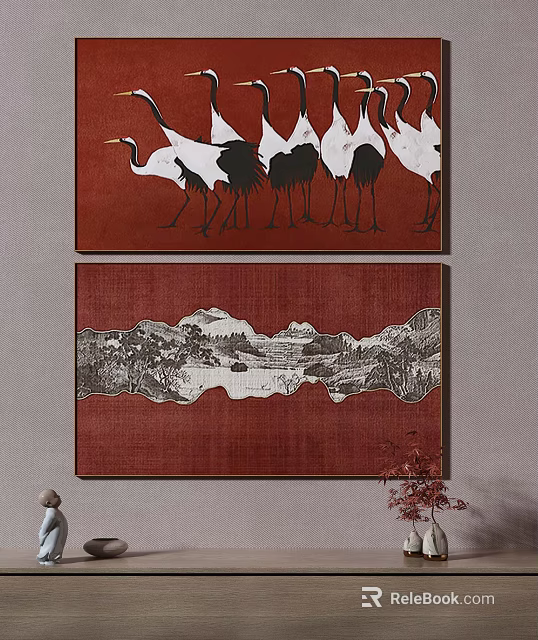 Decorative Wall Art With Red Background Featuring Cranes and Mountain Landscape 3d model