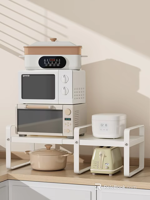 Modern Stacked Kitchen Appliances On White Shelf With Microwave Electric Oven Slow Cooker Rice Cooker 3d model 