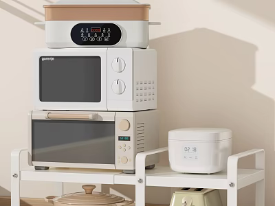Modern Stacked Kitchen Appliances On White Shelf With Microwave Electric Oven Slow Cooker Rice Cooker 3d model
