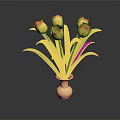 Beautiful Tulips with Yellow Red Gradient Petals Green Leaves in Light Vase on Dark Background