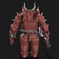 Red Horned Demon Character Holding Giant Axe With Spiked Armor And Chain