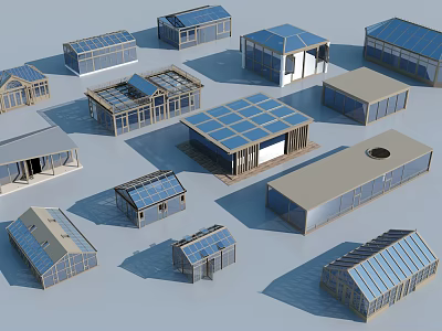 Various Glass Building Models With Different Roof Designs And Solar Panels 3d model