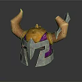 Fantasy Weapon Helmet with Decorative Gold Purple Silver Horns and Metallic Design