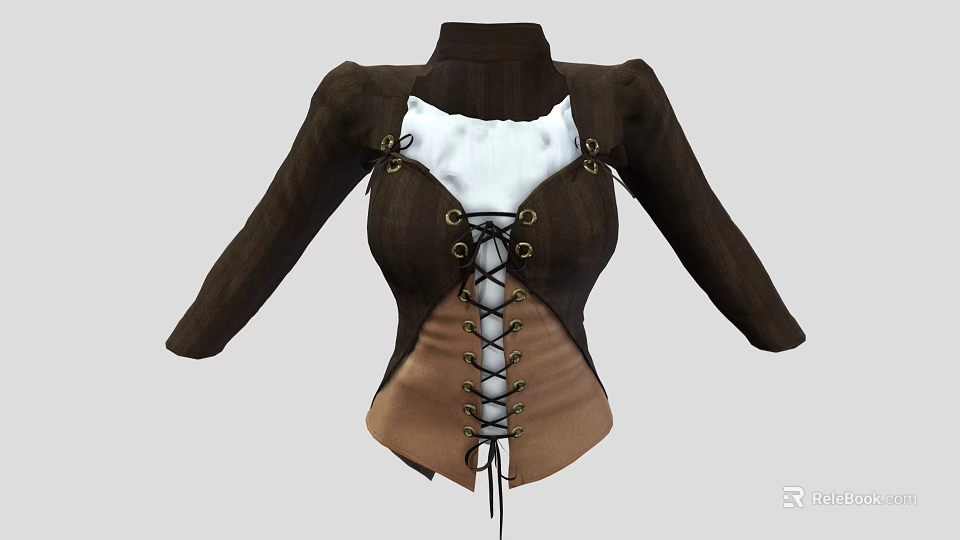 Brown Leather Bodice With White Fur Lining And Front Lacing Details Long Sleeves 3d model 